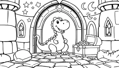 Placa de color: un dragón amigable en un castillo de fantasía.