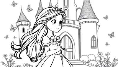 Placa de color de una princesa soñadora frente a un castillo mágico con mariposas y flores.