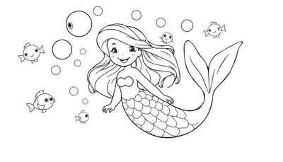 Placa de color de una sirena sonriente con burbujas y peces.