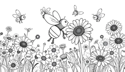 Ilustración de una placa de color con abejas y flores para colorear.