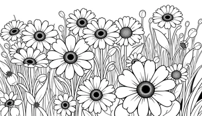 Una placa de color en blanco y negro de margaritas alegres y soleadas para colorear.