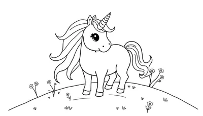 Unicornio de dibujos animados listo para colorear en una colina, con un cuerno brillante y crin de arcoíris. Placa de color.