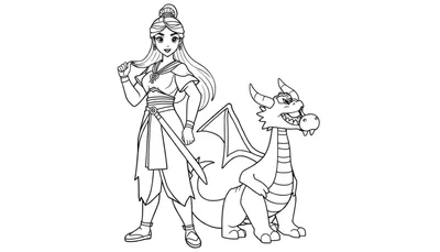 Placa de color de Mulan guerrera con su dragón Mushu, lista para colorear.