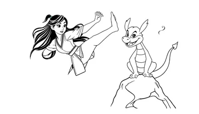 Placa de color de Mulán practicando patada con Mushu sonriendo.