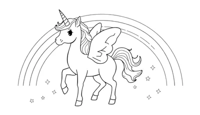 Unicornio alado sobre arco iris, página para colorear de la placa de color.