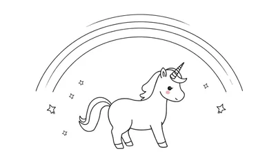 Placa de color de un unicornio de dibujos animados bajo un arcoíris con estrellas.