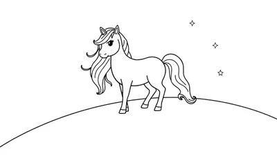 Placa de color de un unicornio amigable con melena de arcoíris y estrellas flotando.