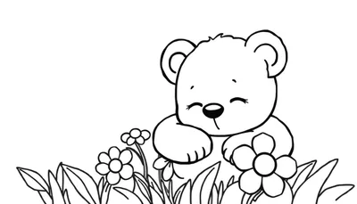 Placa de color de un osito de peluche durmiendo entre flores.