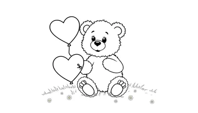 Placa de color de un oso de peluche con globos en forma de corazón.