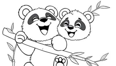Un dibujo en blanco y negro de dos pandas felices abrazándose en una rama de bambú, para colorear.