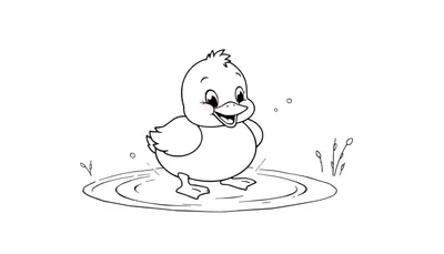 Un patito de dibujos animados en blanco y negro chapoteando en un charco con burbujas y plantas, listo para ser coloreado en una placa de color.