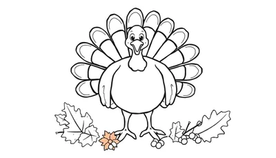 Placa de color de un pavo amigable con las plumas extendidas, rodeado de hojas de otoño.