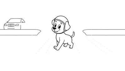 Placa de color para colorear de un perro con casco cruzando la calle.