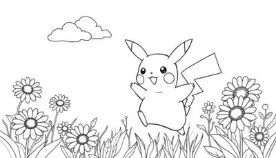 Placa de color de Pikachu saltando alegremente en un campo de margaritas.