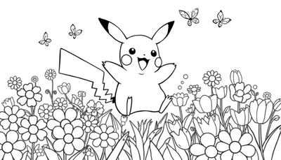 Placa de color de Pikachu feliz en un campo de flores, listo para colorear.