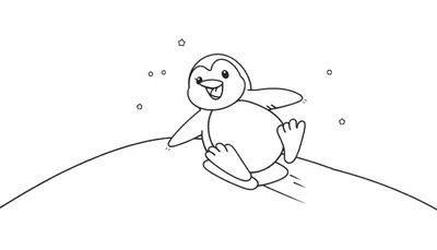Placa de color de un pingüino feliz deslizándose por la nieve.