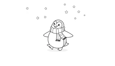 Placa de color: un dibujo lineal de un pingüino sonriente con una bufanda y estrellas.
