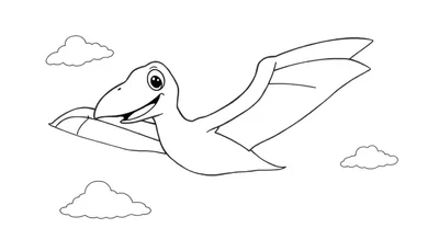 Una placa de color de un pterodáctilo feliz volando entre nubes.