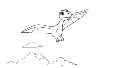Pterodáctilo de dibujos animados sonriendo volando sobre nubes, diseñado como una placa de color para niños.