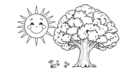 Placa de color de un sol sonriente y un árbol frondoso.