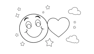 Placa de color de un emoji sonriente y un corazón rodeados de estrellas y nubes.