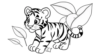 Un cachorro de tigre de dibujos animados, listo para colorear en su placa de color, con hojas verdes alrededor.