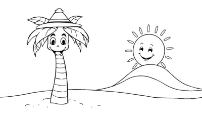 Una palmera sonriente y un sol sonriente en una página para colorear de la placa de color.