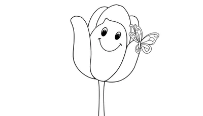Placa de color de un tulipán sonriente de dibujos animados con una mariposa.