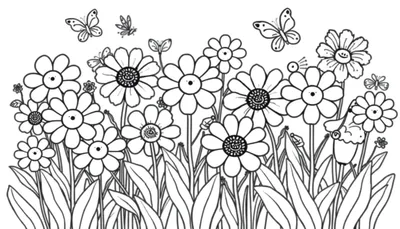 Placa de color de un campo de flores sonrientes y mariposas.