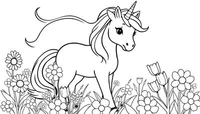 Placa de color de un unicornio amigable entre flores.