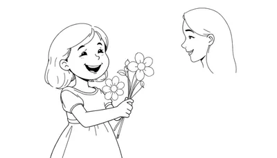 Una niña sonriente le da flores a su mamá, página para colorear para el Día de la Madre.