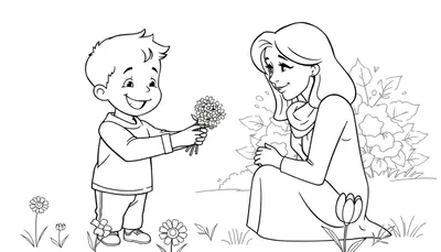 Dibujo para colorear de un niño dando flores a su madre, una placa de color.