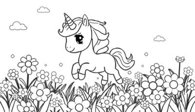 Placa de color de un unicornio chibi galopando entre flores, estilo kawaii.