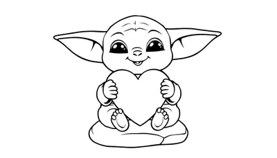 Placa de color de un adorable Baby Yoda con un corazón sonriendo.