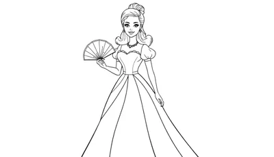 Barbie con un vestido elegante, con un abanico, lista para la fiesta, en una placa de color blanco y negro para colorear.
