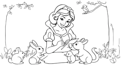 Blancanieves sentada dibujando con animales del bosque, contorno para colorear en esta placa de color.