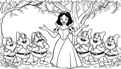 Una placa de color con Blancanieves y los siete enanitos riendo en el bosque.