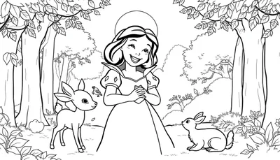 Placa de color de Blancanieves sonriendo en el bosque con animales.