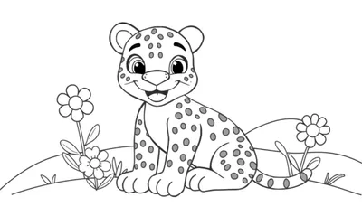 Un lindo cachorro de leopardo sonriendo en un campo de flores, listo para ser coloreado en una placa de color.