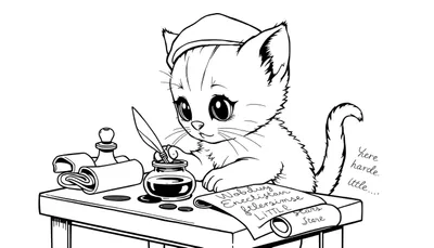 Placa de color para colorear: un gatito con un gorro practicando caligrafía.