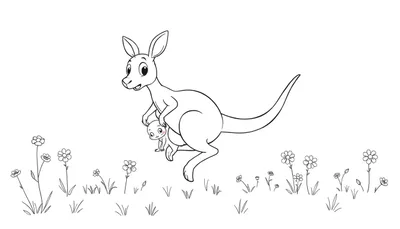Una placa de color de un canguro y su cría saltando entre flores.