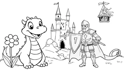 Ilustración de cuento de hadas en blanco y negro de un dragón amigable, un castillo y un caballero con la placa de color.