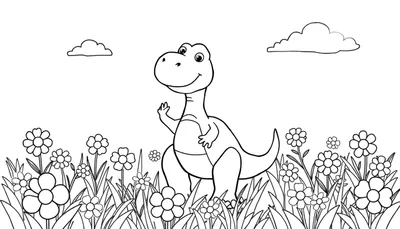 Placa de color de un dinosaurio amistoso saludando en un campo de flores.