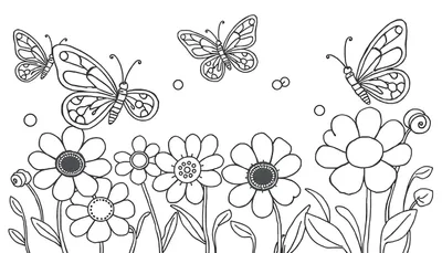 Una placa de color blanco y negro de margaritas y mariposas para colorear.