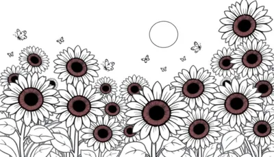 Placa de color de un campo de girasoles en blanco y negro con mariposas.