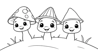 Una placa de color de tres adorables hongos sonrientes en una colina.