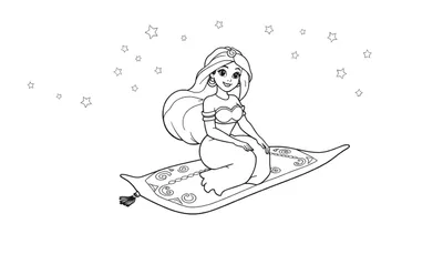 Placa de color de la princesa Jazmín volando en una alfombra mágica bajo un cielo estrellado.