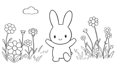 Placa de color de Miffy jugando en el campo con flores y hierba, con una nube.
