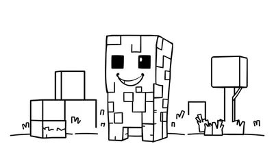 Una imagen para colorear de un personaje cuadrado de Minecraft feliz, con bloques y un árbol, sobre un suelo con hierba. Esta es una placa de color lista para ser pintada.