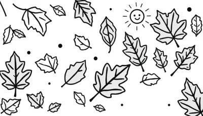 Placa de color con hojas de otoño sonrientes, puntos y un sol amigable.